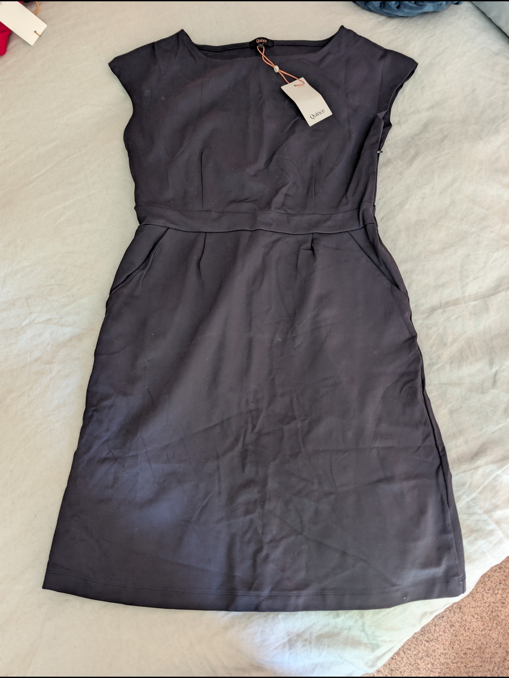 Quince Navy Cap-Sleeve Ponte Sheath Dress Large NWT Stretch